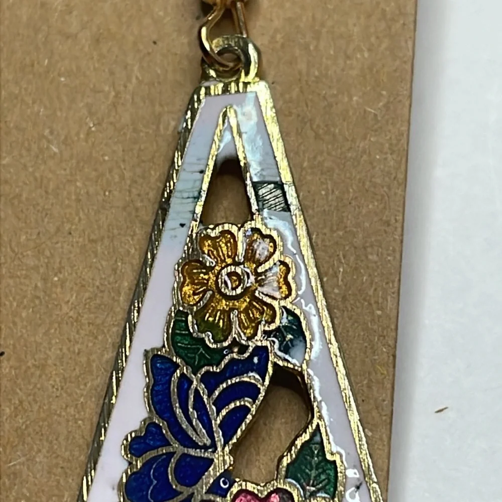 White Gold Tone Floral Cut Out Cloisonné Enamel Dangle Earrings (CPD45) - Picture 3 of 7